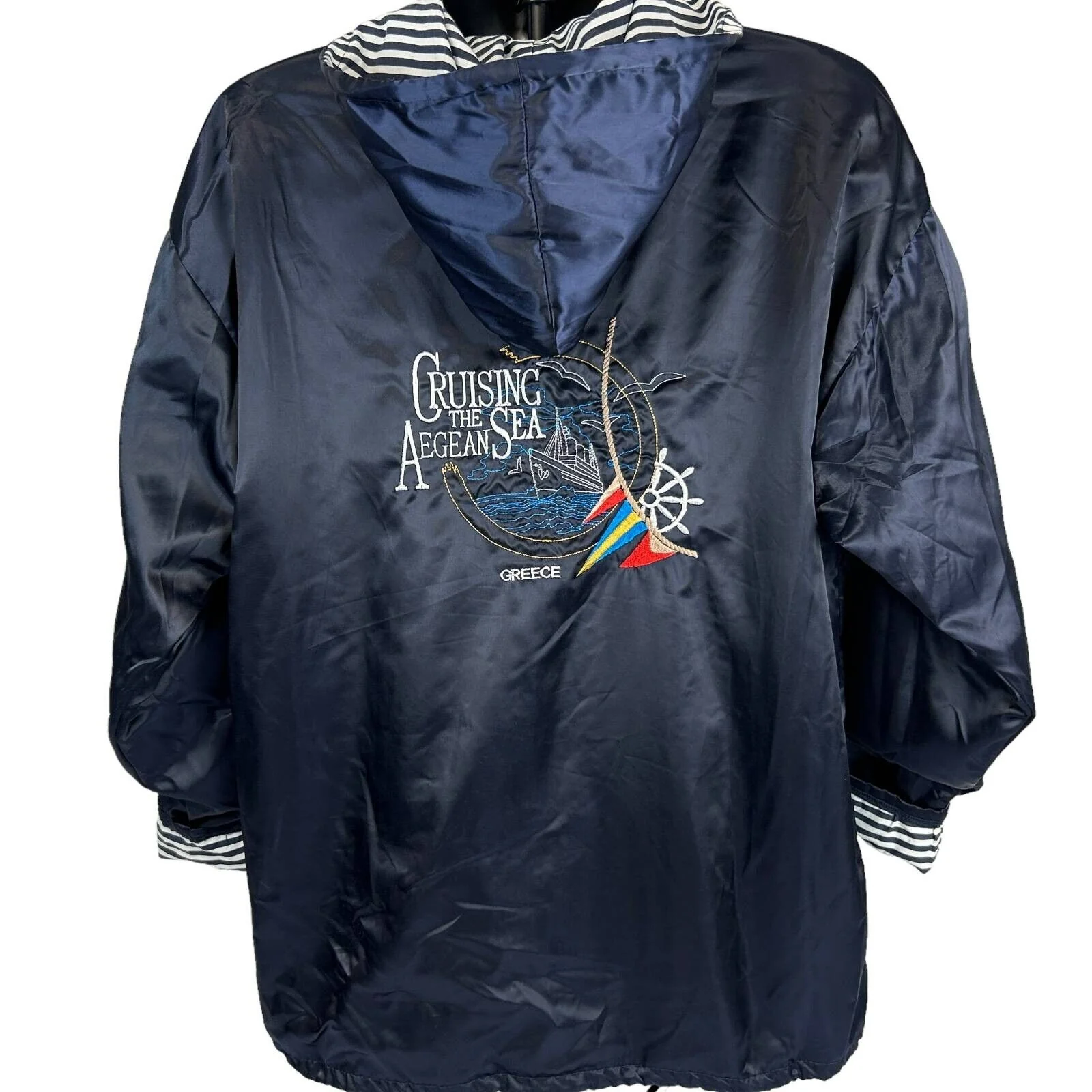 Vintage 90s Greece Satin Jacket Cruising the Aegean Sea Blue Womens XL X-Large - Image 3