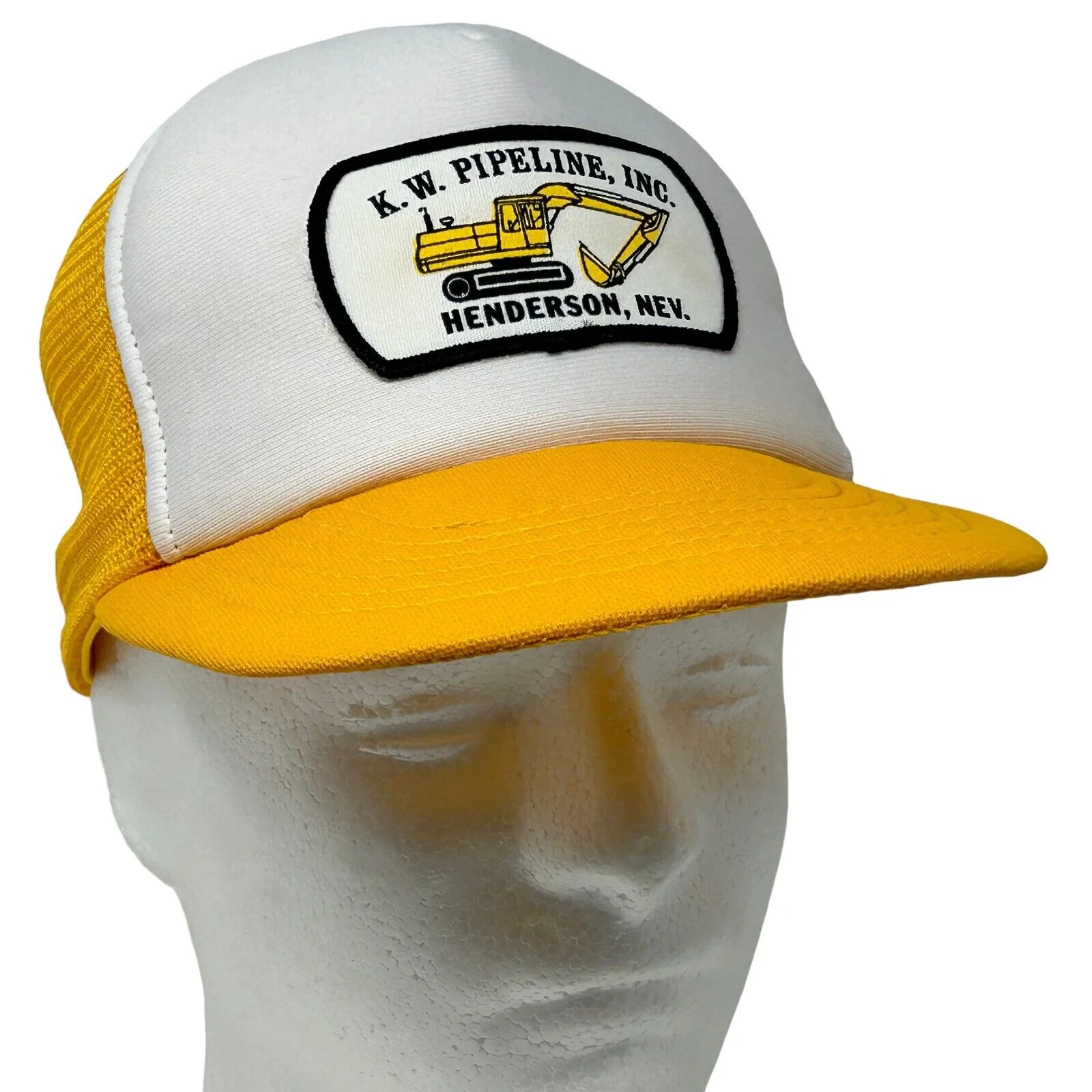 Vintage 80s KW Pipeline Inc Patch Trucker Hat Baseball Cap Backhoe Mesh Yellow - Image 10