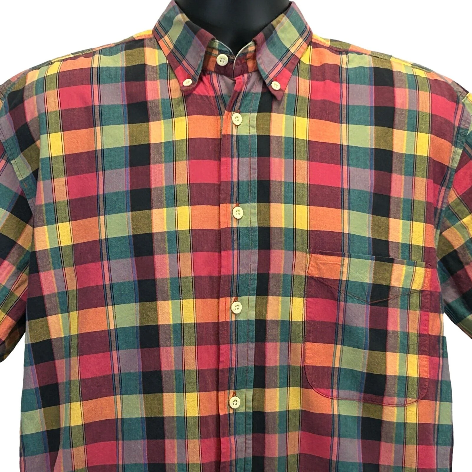 Vintage 80s Lee Plaid Button Front Shirt Sanforized USA Made Red Yellow M Medium - Image 3