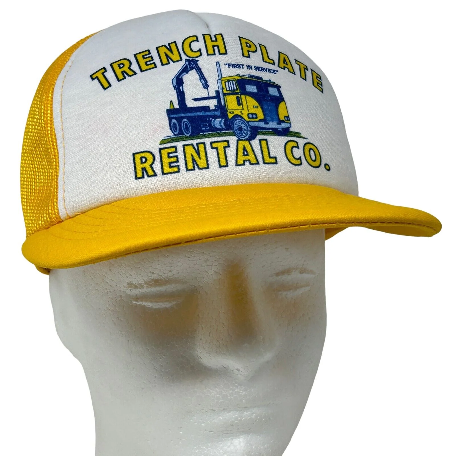 Vintage 80s Trench Plate Rental Co Trucker Hat Baseball Cap Roadwork Mesh Yellow - Image 10