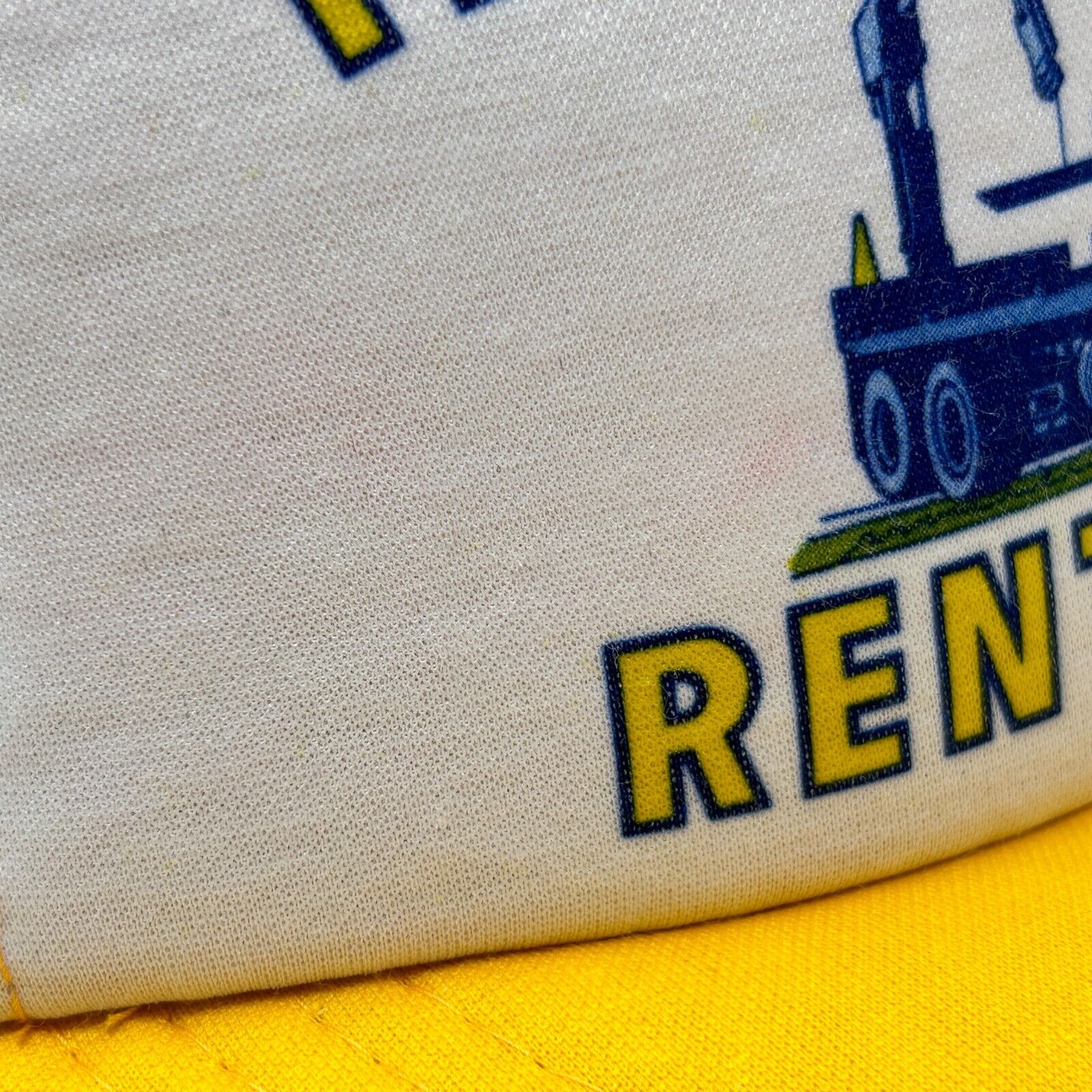 Vintage 80s Trench Plate Rental Co Trucker Hat Baseball Cap Roadwork Mesh Yellow - Image 6